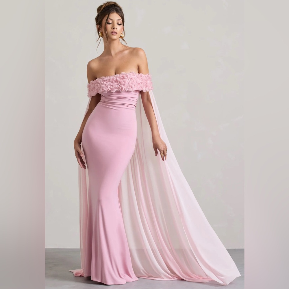 CLUB LONDON - BLUSH PINK FLORAL BARDOT FISHTAIL MAXI DRESS WITH MESH CAPE